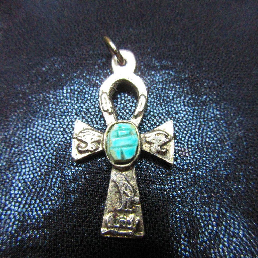 Egyptian Symbol Ankh Pendant With Scarab Carved From Turquoise
